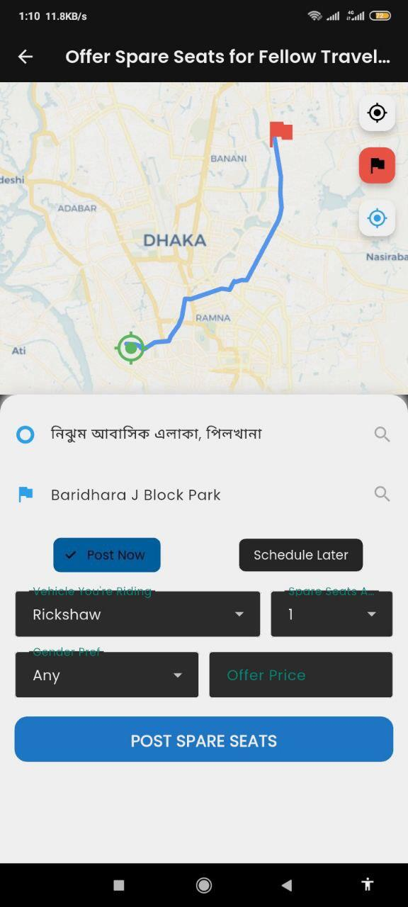 JyGo app screen: Post your route and go